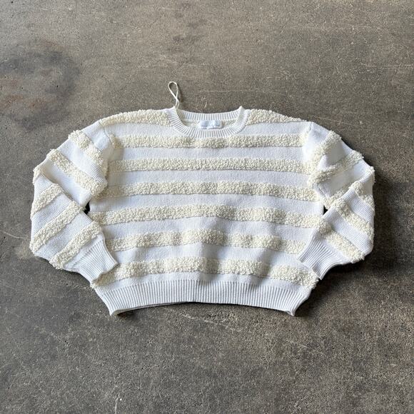 Threaded Leaf Crop Oversized Sweater Womens M White Ivory Knotted Striped Loose - Picture 1 of 8